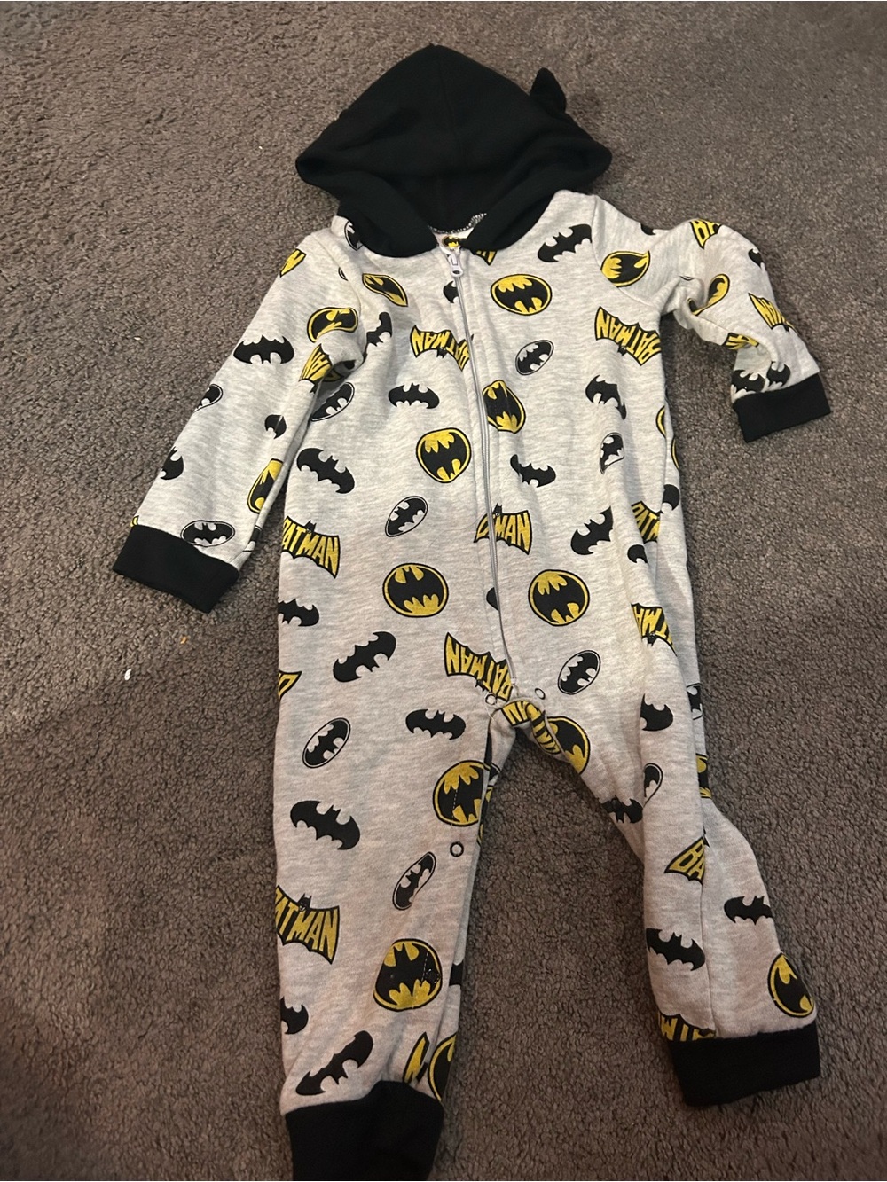 Batman Gray, Black & Yellow Hooded Baby One-Piece Footie